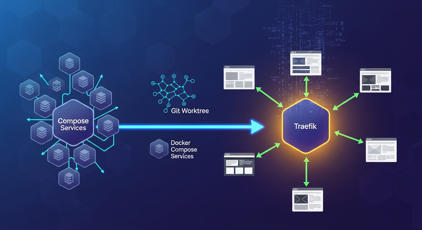 Traefik, Docker Compose ポート管理, Git Worktree 連携, 開発環境 自動ルーティング