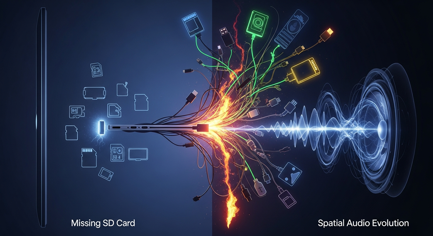 MacBook Neo 影響, MacBook Neo SDカードスロット非搭載, 空間オーディオ スピーカー, 写真クリエイター データ転送, USB-Cハブ 必須