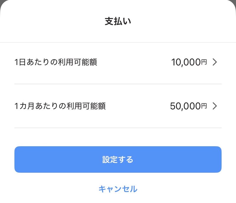 支払いの利用可能額を1日1万円、1か月5万円に設定した画面